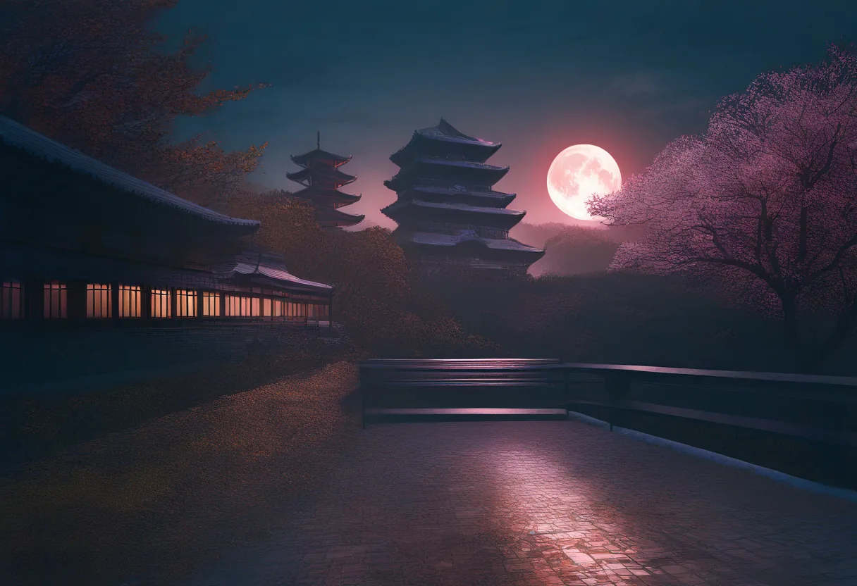 四季更迭场景：月夜下的山中楼阁，樱花与秋叶同框